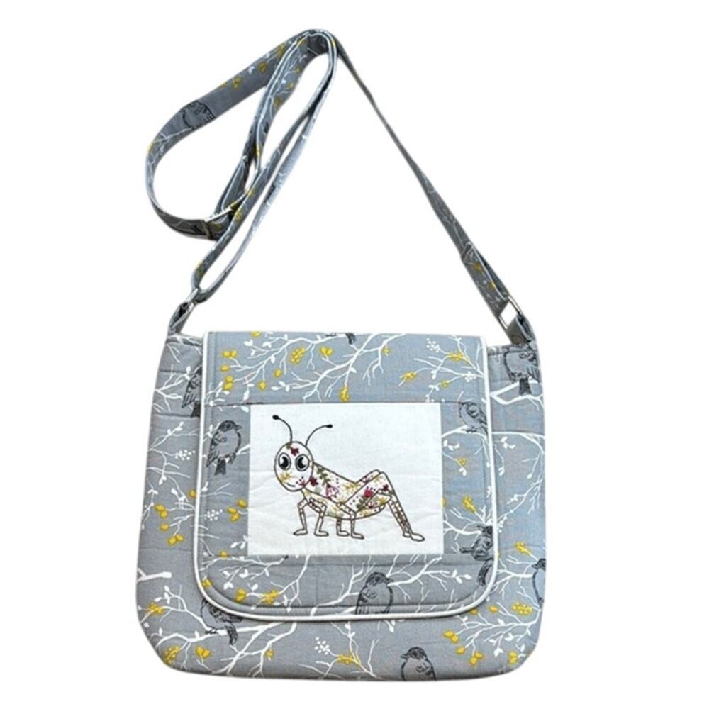 Unique Handmade Embroidered Grasshopper Birds Bug Noah Crossbody Bag Pocketbook